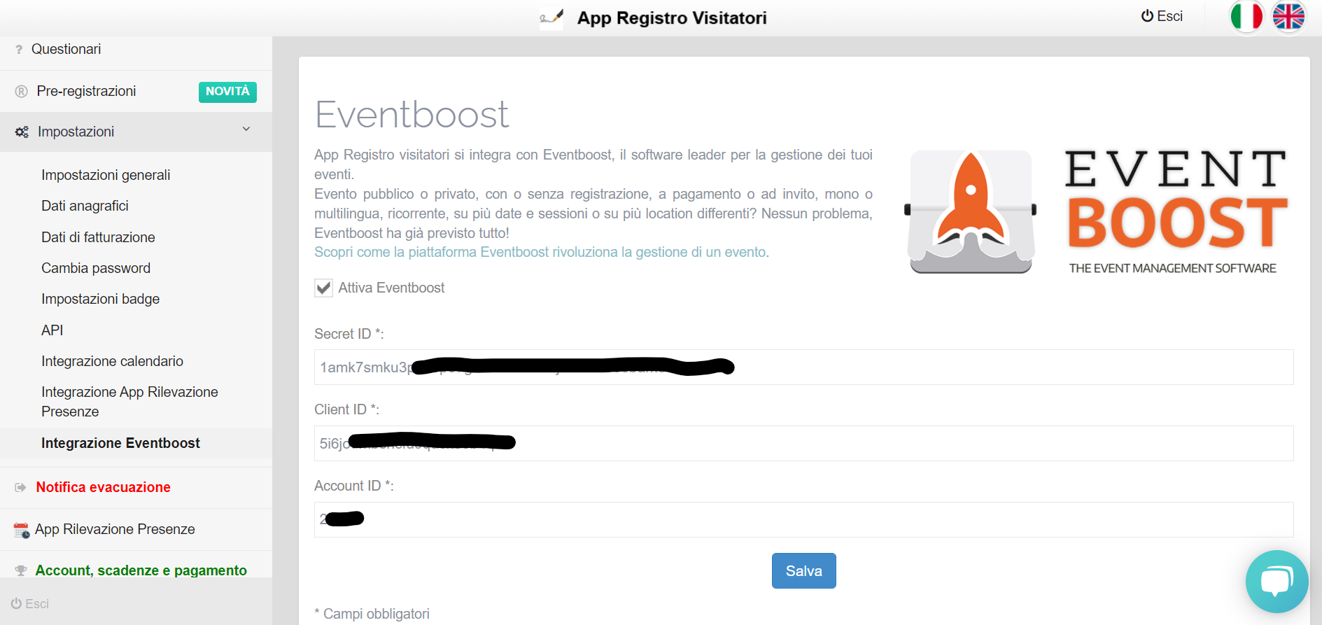 Attivazione integrazione con eventboost