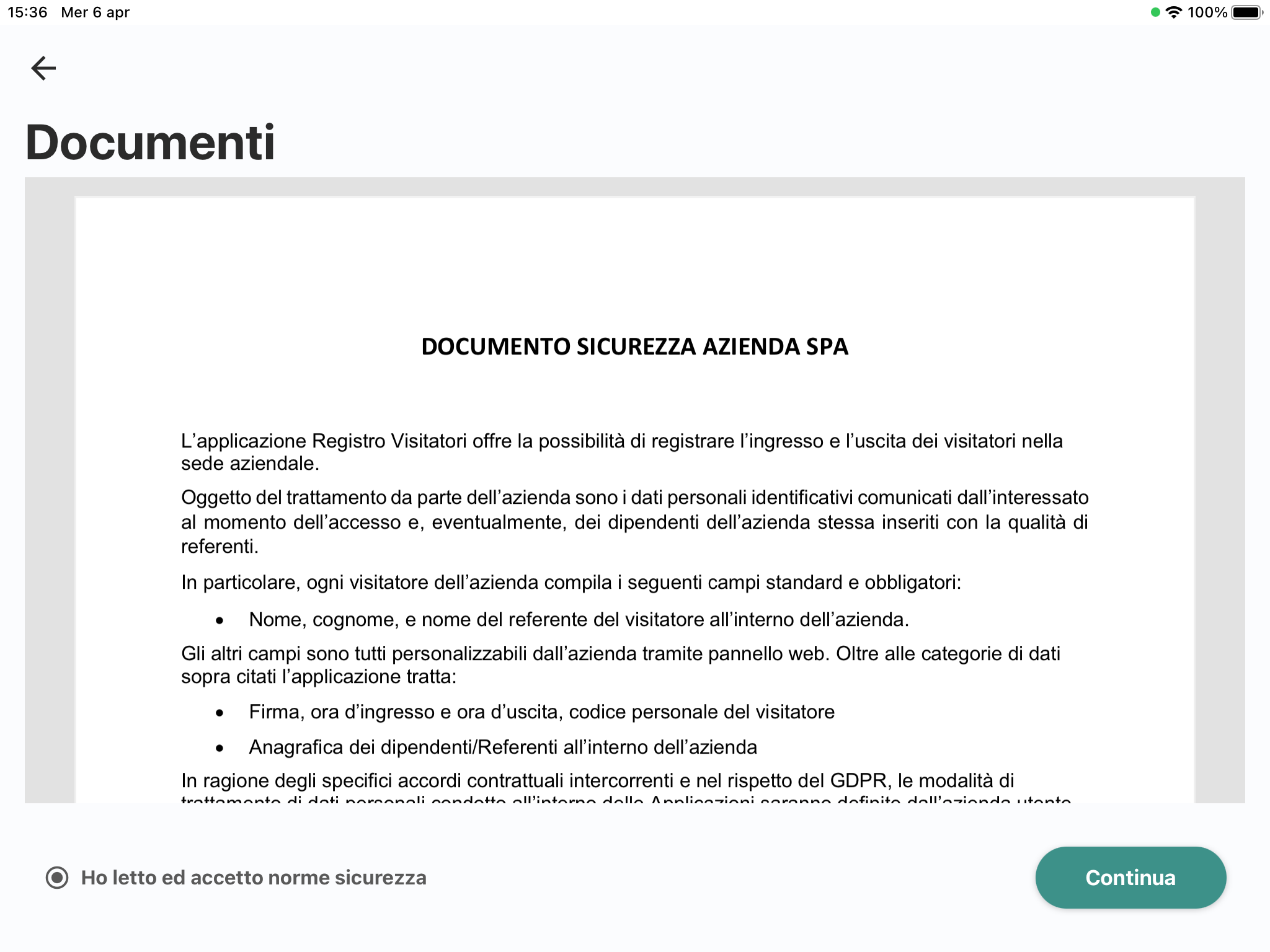 registro visitatori documenti per procedura di ingresso