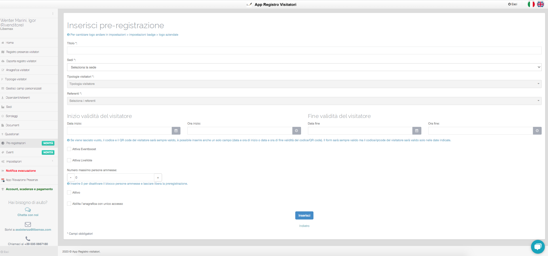 pannello web creazione pre registazione visitatori