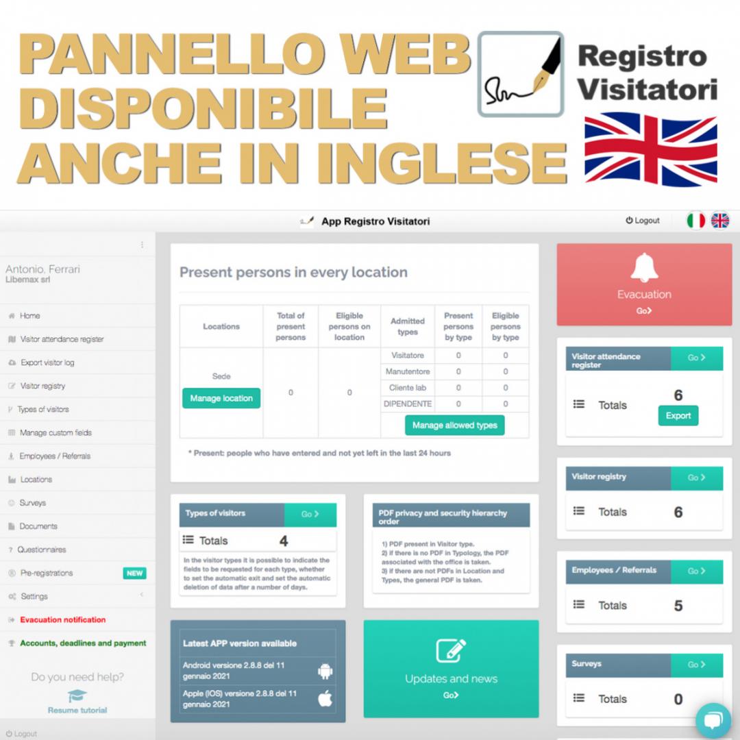 pannello web disponibile anche in lingua inglese